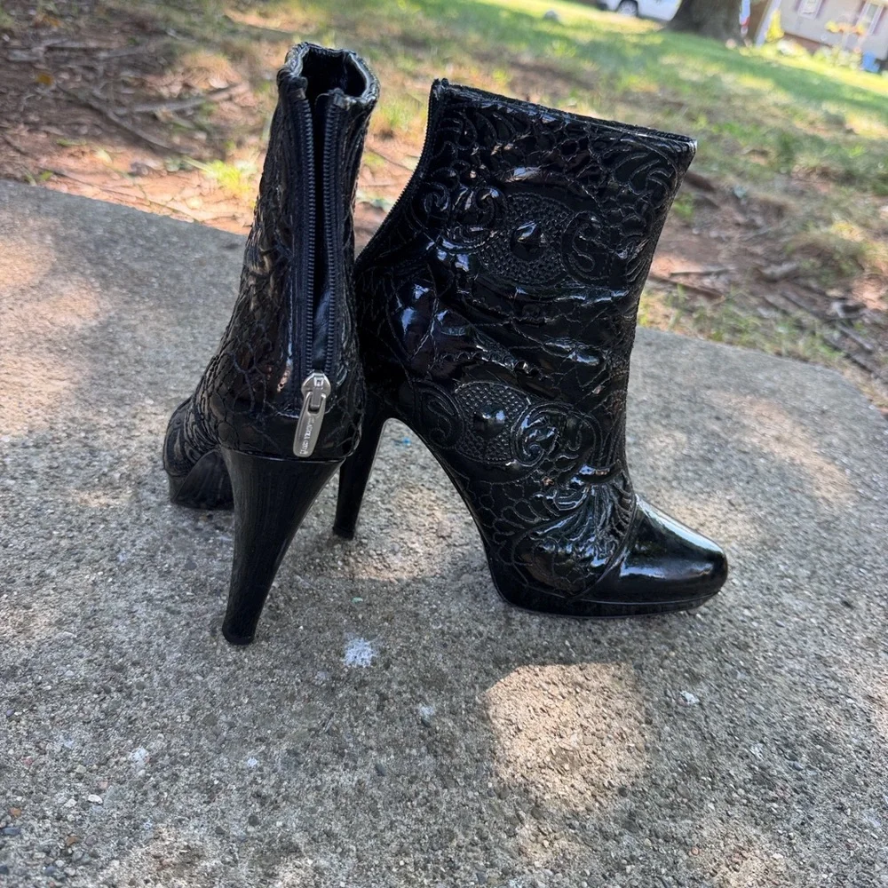 Women's Black Embossed Patent Ankle Booties with High Heel